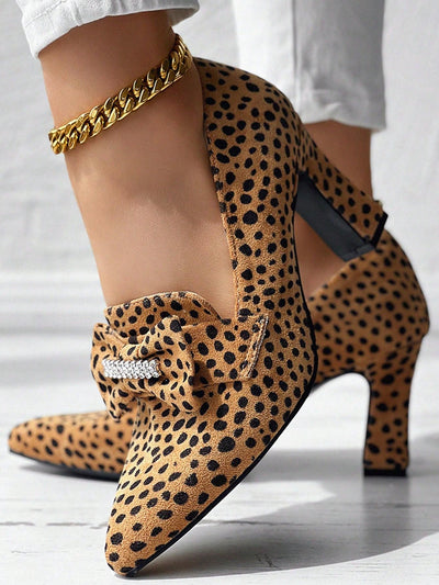 Chic Leopard Print Slip-On High Heels with 3D Rhinestone Bow – Perfect for Autumn & Winter Parties