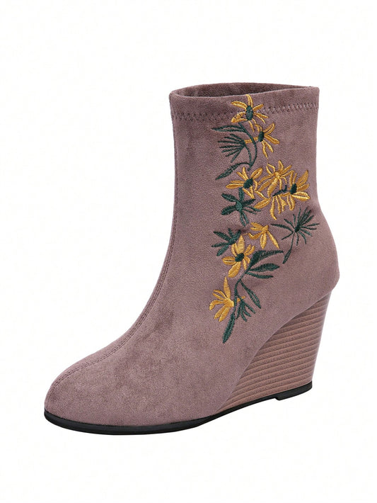 Step Out in Style: Embroidered Floral High-Heel Chunky Ankle Boots