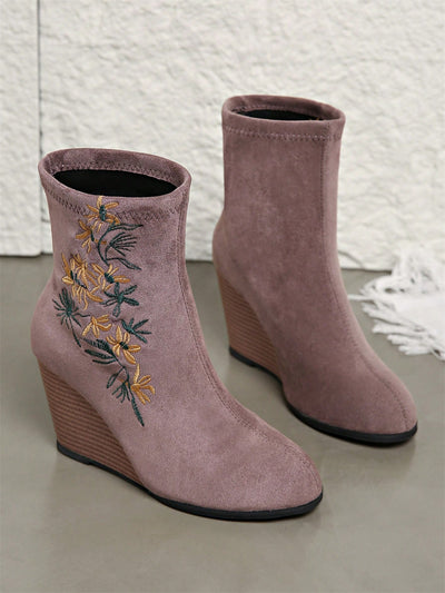 Step Out in Style: Embroidered Floral High-Heel Chunky Ankle Boots