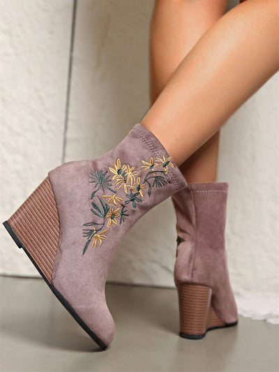 Step Out in Style: Embroidered Floral High-Heel Chunky Ankle Boots