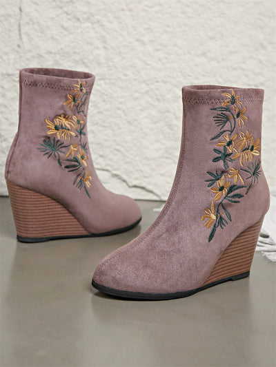 Step Out in Style: Embroidered Floral High-Heel Chunky Ankle Boots