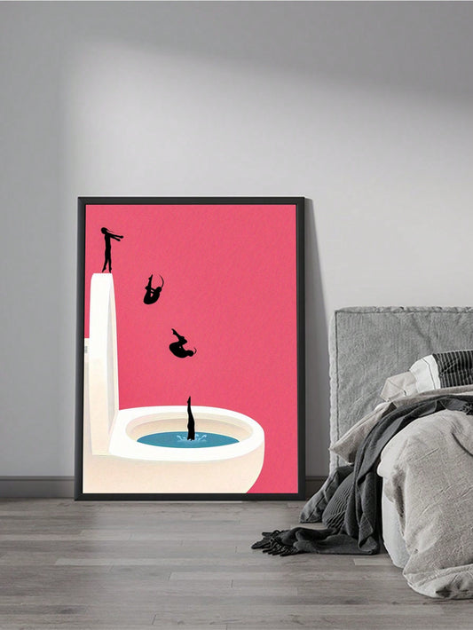 Whimsical Vintage Pink Toilet Jump: Fun Canvas Wall Art for Chic Home Decor