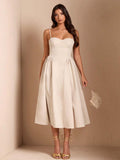 Straight-on ivory structured bust midi dress with A-line calf-length skirt
