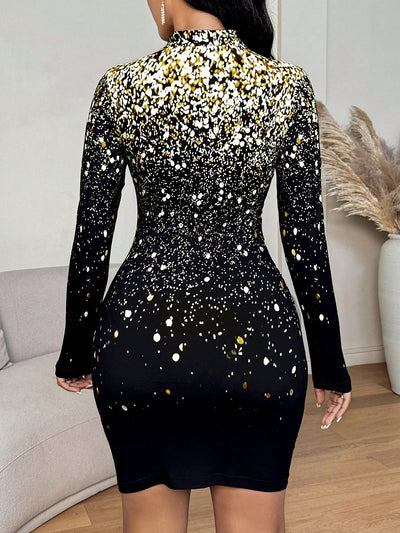 Sparkling Elegance: Women's V-Neck Long Sleeve Glitter Fitted Dress