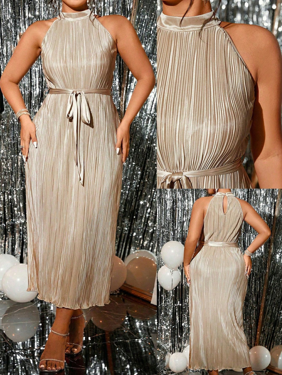 This chic plus-size summer halter maxi dress boasts an elegant solid color and pleated design. Made from high-quality materials, it provides a comfortable and stylish fit. Perfect for any occasion, it will make you stand out with its fashionable and timeless look.