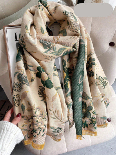 Chic Floral Jacquard Knit Shawl Scarf - Cozy Cashmere Feel for Autumn & Winter