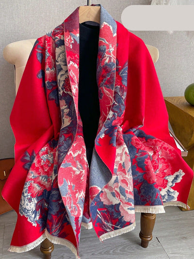 Chic Floral Jacquard Knit Shawl Scarf - Cozy Cashmere Feel for Autumn & Winter