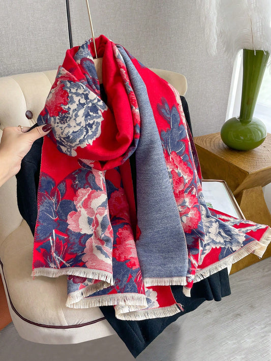 Chic Floral Jacquard Knit Shawl Scarf - Cozy Cashmere Feel for Autumn & Winter