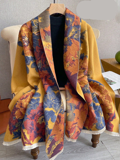 Chic Floral Jacquard Knit Shawl Scarf - Cozy Cashmere Feel for Autumn & Winter