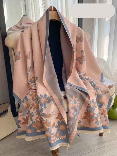 Chic Floral Jacquard Knit Shawl Scarf - Cozy Cashmere Feel for Autumn & Winter