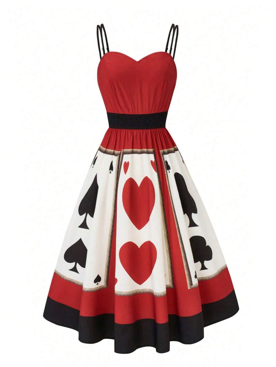Front view of red white black fit and flare dress with card suit panel print