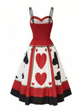 Front view of red black Alice card dress with sweetheart neckline and flared printed skirt