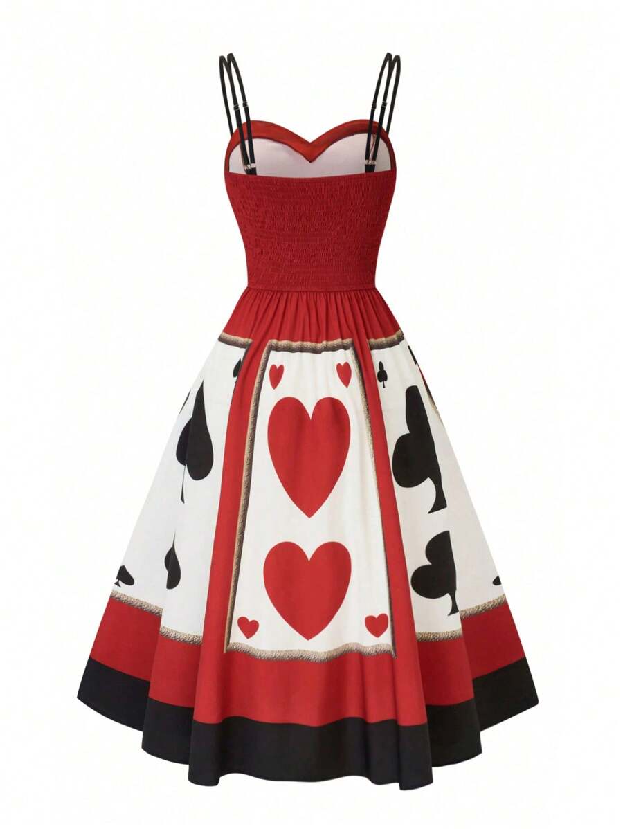 Front view of red black Alice card dress with sweetheart neckline and flared printed skirt