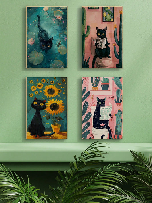 Whimsical Black Cat Wood Art Print – Stylish Abstract Wall Decor for Every Room