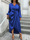 Elegant Plus Size V-Neck Lantern Sleeve Wrap Dress for Spring & Autumn