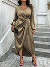 Elegant Plus Size V-Neck Lantern Sleeve Wrap Dress for Spring & Autumn