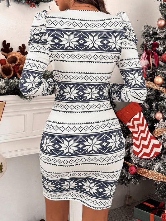 Festive Elegance: Long Sleeve Snowflake Print Bodycon Christmas Dress