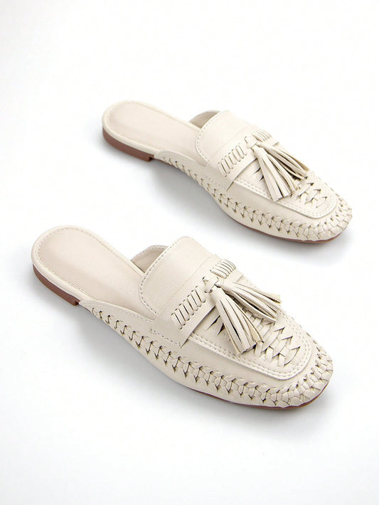 Chic Comfort: Women’s Beige Crinkled Microfiber Hand-Woven Slip-On Mule Loafers