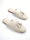 Chic Comfort: Women’s Beige Crinkled Microfiber Hand-Woven Slip-On Mule Loafers