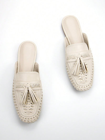 Chic Comfort: Women’s Beige Crinkled Microfiber Hand-Woven Slip-On Mule Loafers