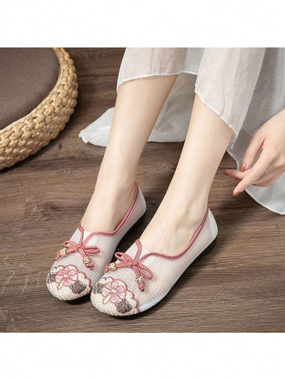 Chic Retro Embroidered Net Cloth Flats - Breathable Versatile Women's Shoes