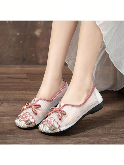 Chic Retro Embroidered Net Cloth Flats - Breathable Versatile Women's Shoes