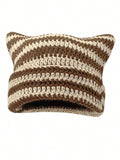 Brown and cream striped crochet cat ear beanie with pointed corners