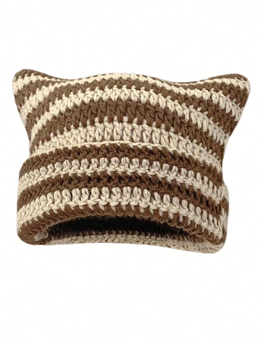 Brown and cream striped crochet cat ear beanie with pointed corners