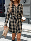 Chic Vintage Plaid Mini Dress with Self-Tie Belt – Perfect for Fall & Winter