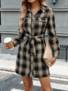 Chic Vintage Plaid Mini Dress with Self-Tie Belt – Perfect for Fall & Winter