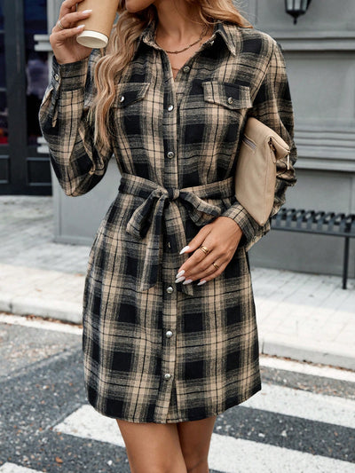 Chic Vintage Plaid Mini Dress with Self-Tie Belt – Perfect for Fall & Winter