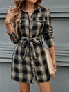 Chic Vintage Plaid Mini Dress with Self-Tie Belt – Perfect for Fall & Winter