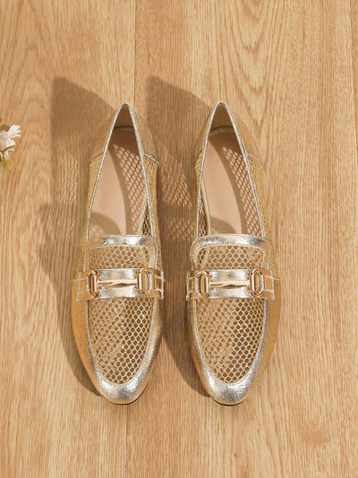 Chic Metallic Charm Loafers for Spring & Autumn - Breathable Flat Shoes with Elegant Metal Details