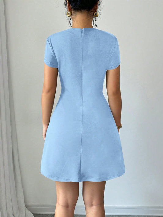 Chic & Casual: Solid Color Stand Collar Short Sleeve Mini Dress for Effortless Style