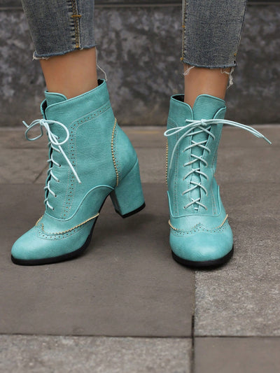 Vintage British-Inspired Blue Lace-Up High Heel Ankle Boots