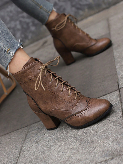 Vintage British-Inspired Blue Lace-Up High Heel Ankle Boots