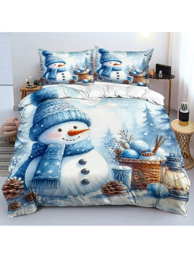 Cozy 3-Piece Pink Snowman Duvet Cover Set – Soft Cartoon Digital Print Bedding for a Charming Bedroom