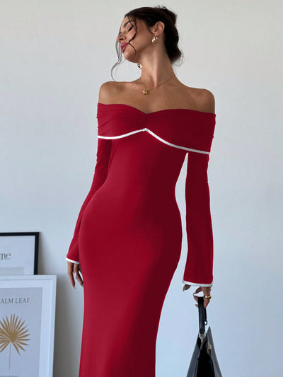 Chic Off-Shoulder Color Block Mermaid Dress – Elegance Meets Bold Style