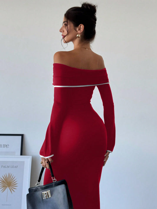 Chic Off-Shoulder Color Block Mermaid Dress – Elegance Meets Bold Style