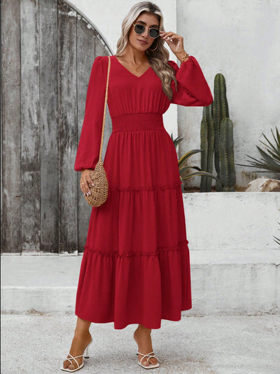 Chic V-Neck Ruffle Hem Dress - Elegant Long Sleeve Style for Every Occasion