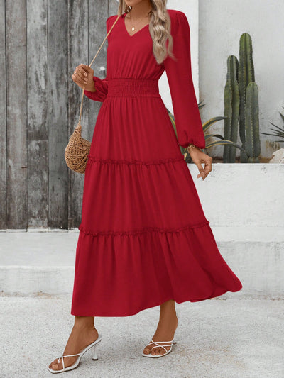 Chic V-Neck Ruffle Hem Dress - Elegant Long Sleeve Style for Every Occasion