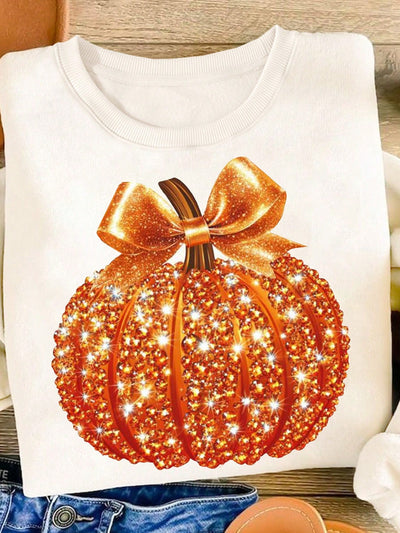 Cozy Autumn Vibes: Pumpkin Print Fleece Sweatshirt for Women