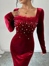 Chic Pearl-Embellished Angora Velvet Bodycon Dress with Furry Trim and Square Neck