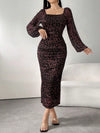 Wild Elegance: Mesh Leopard Print Ruffle Trim Long Sleeve Dress