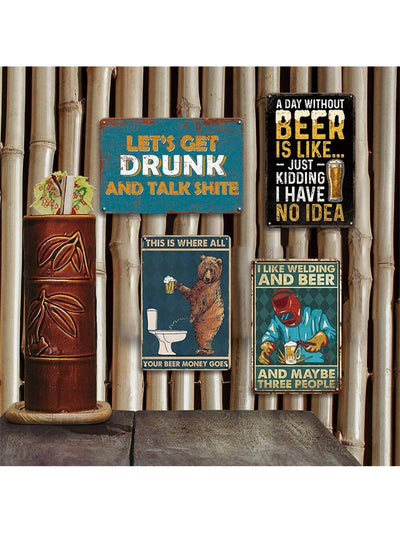 Cheers to Vintage Vibes: 4-Piece Retro Wall Plaque Set for Your Bar or Man Cave