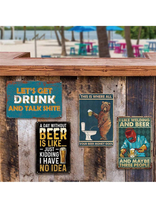 Cheers to Vintage Vibes: 4-Piece Retro Wall Plaque Set for Your Bar or Man Cave