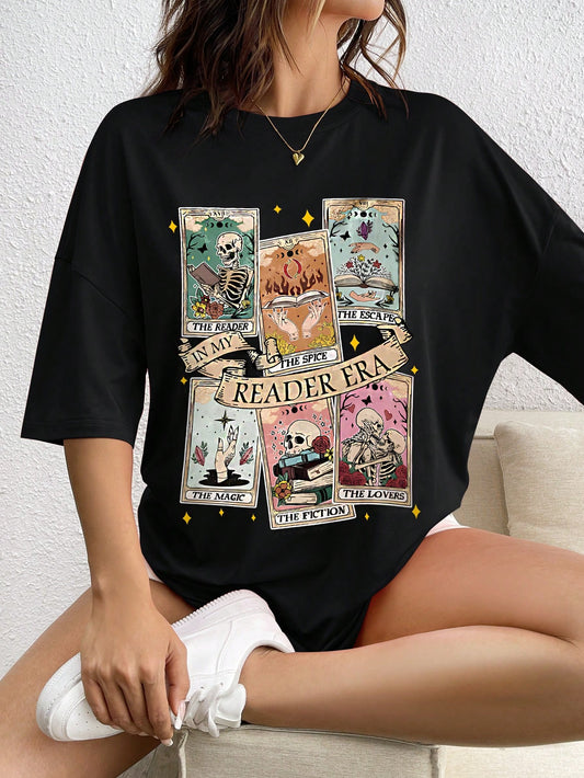 Edgy Summer Style: Casual Skull & Playing Card Print T-Shirt for Women