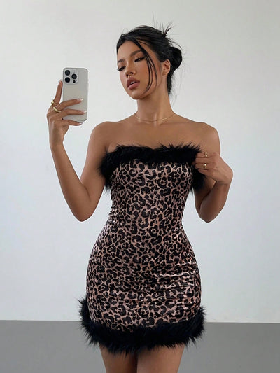 Furry Fiesta: Y2K-Inspired Velvet Leopard Print Bodycon Mini Dress for the Bold and Stylish