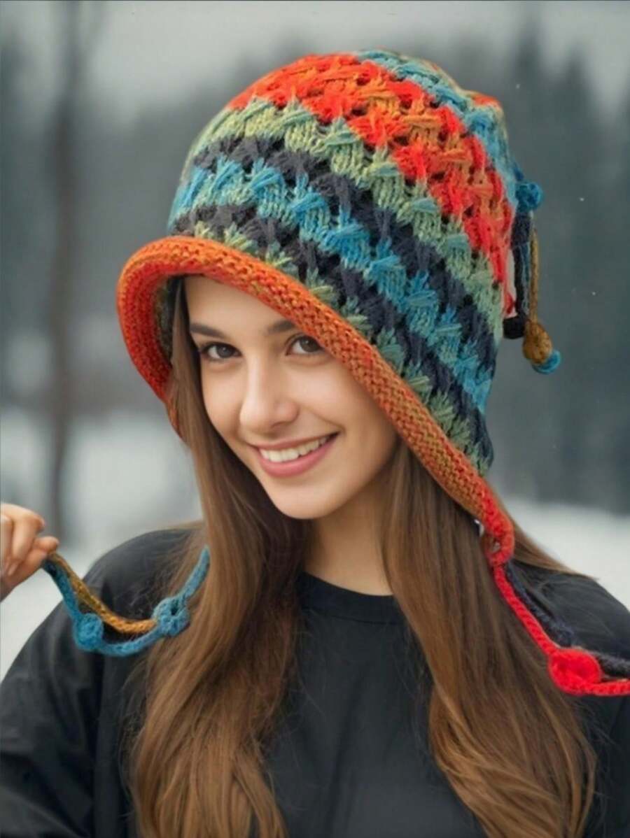 Multicolor rainbow crochet earflap bucket hat with wide floppy brim and braided tassel ties