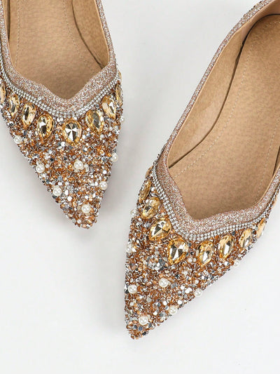 Elegant Luxe Crystal Pearl Flat Shoes - Perfect for Parties & Banquets in Champagne Color